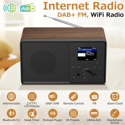 Radio internet wifi dab+ avec bleutooth 5.3 et écran couleur | 30 000 stations, podcasts, usb, aux, réveil et télécommande pour 