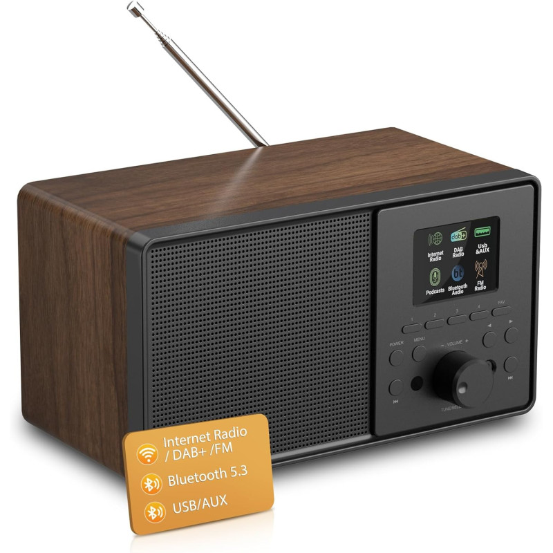 Radio internet wifi dab+ avec bleutooth 5.3 et écran couleur | 30 000 stations, podcasts, usb, aux, réveil et télécommande pour 
