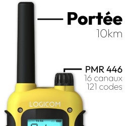 Logicom - Adventure Talkie-Walkie PMR446 IP54 Portée 10 km autonomie 20h écran LCD USB-C Lampe Torche VOX Mains Libres 16 canaux