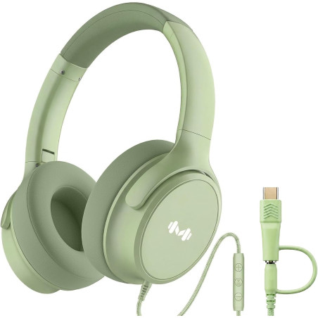 Casque Filaire avec Micro - Jack 3,5mm & Adaptateur USB-C - Pliable & Réglable - Son Stéréo, Commandes Intégrées - pour PC, Smar