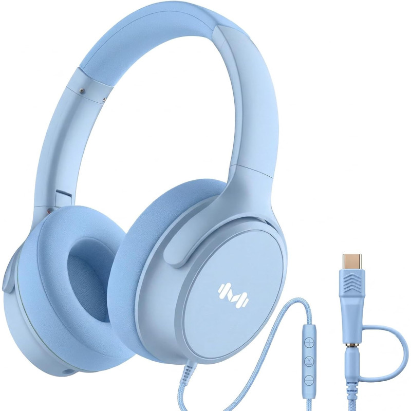 Casque Filaire avec Micro - Jack 3,5mm & Adaptateur USB-C - Pliable & Réglable - Son Stéréo, Commandes Intégrées - pour PC, Smar
