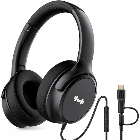 Casque Filaire avec Micro - Jack 3,5mm & Adaptateur USB-C - Pliable & Réglable - Son Stéréo, Commandes Intégrées - pour PC, Smar