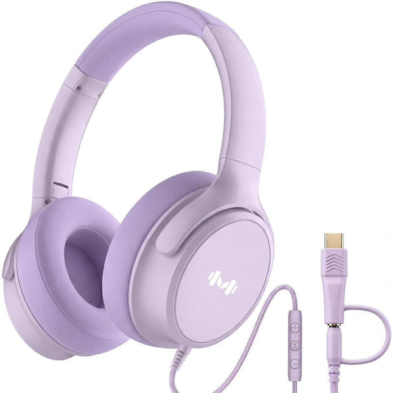 Casque Filaire avec Micro - Jack 3,5mm & Adaptateur USB-C - Pliable & Réglable - Son Stéréo, Commandes Intégrées - pour PC, Smar