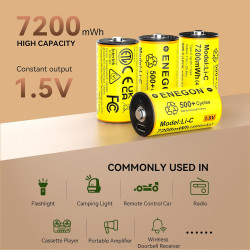 ENEGON Lot de 4 accus Rechargeables Lithium C/LR14 1,5V 7200mWh | Câble charge rapide USB-C, adapté pour lecteurs CD, lampes de 