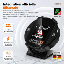 Technaxx détecteur de Radar avec Blitzer.de– Dispositif d’Alerte routière avec écran, alertes de Vitesse et de Danger, Affichage