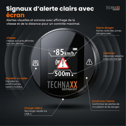 Technaxx détecteur de Radar avec Blitzer.de– Dispositif d’Alerte routière avec écran, alertes de Vitesse et de Danger, Affichage