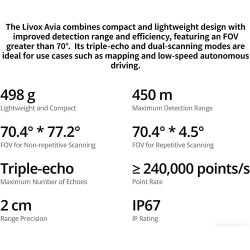 Livox Avia Lidar Capteur avec portée de détection de 450 m, 240 K Points/s, Triple écho, champ de vision non répétitif 70,4 ° x 