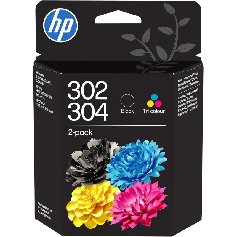 HP 302/304 Noir et Tricolore, B82L1AE, Pack de 2 Cartouches d’Encre Original, Compatible avec Les imprimantes DeskJet 1110, 2130