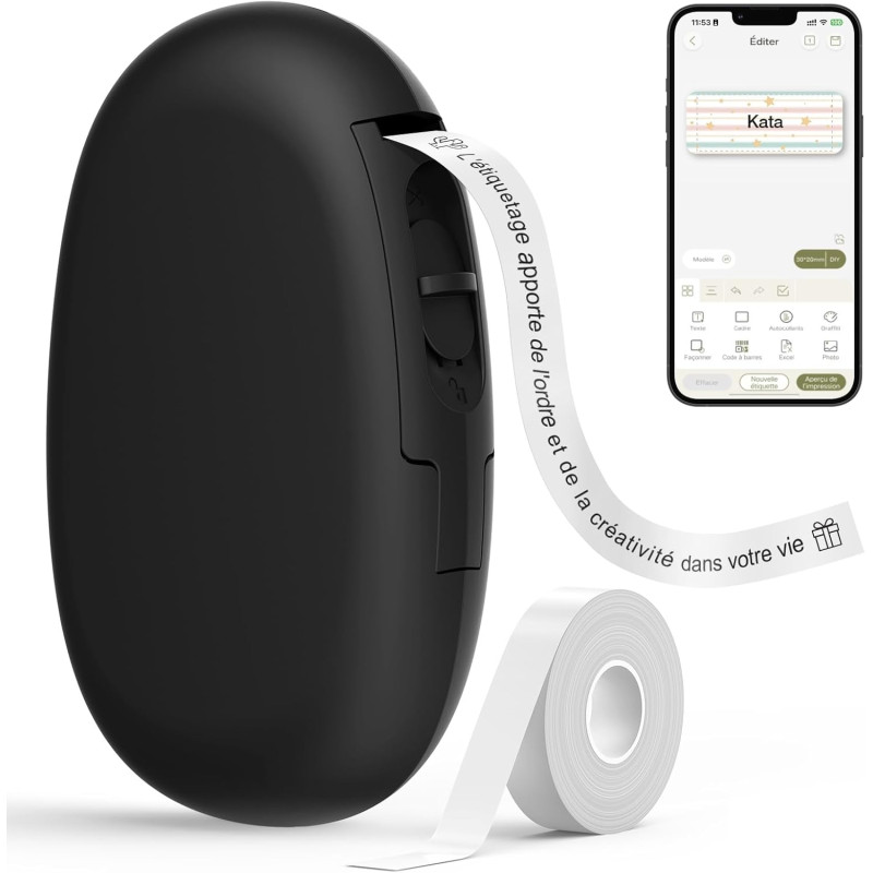 Supvan e10 étiqueteuse bleutooth avec ruban, noir | compatible étiquettes étanches continues&prédécoupées, édition app, recharge