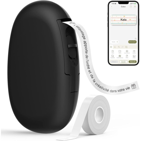 Supvan e10 étiqueteuse bleutooth avec ruban, noir | compatible étiquettes étanches continues&prédécoupées, édition app, recharge