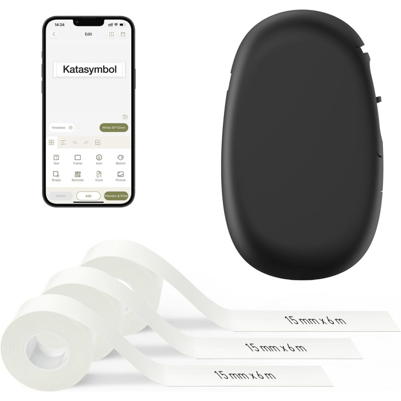 Supvan e10 étiqueteuse bleutooth mini livrée avec 3 rubans, étiquettes étanches, app avec plus de 30 polices et 660+ icônes, san
