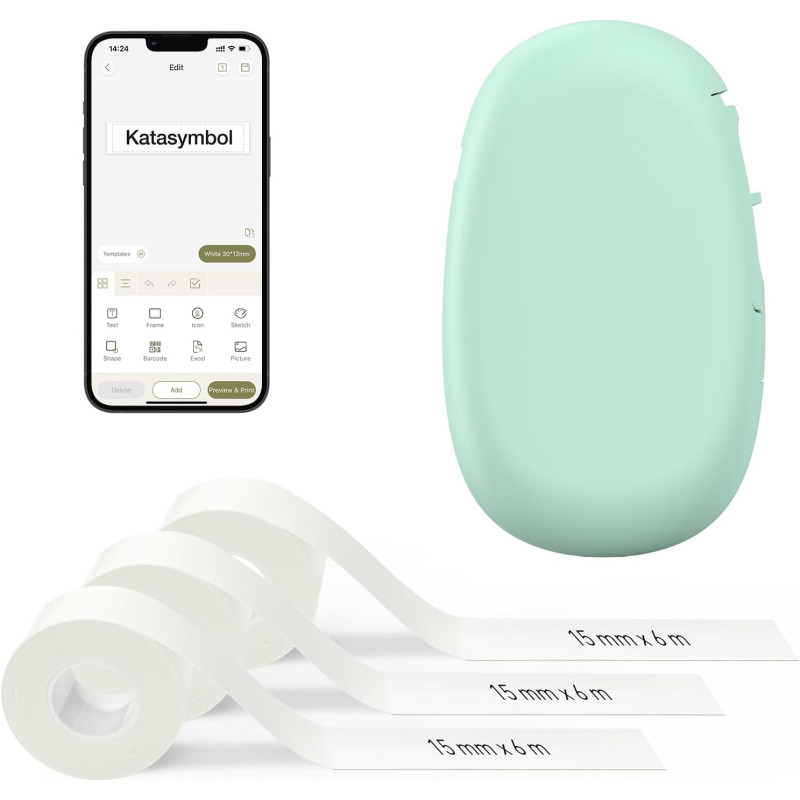 Supvan e10 étiqueteuse bleutooth avec 3 rubans, vert | compatible étiquettes étanches continues&prédécoupées, édition app, recha