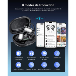 Ai ecouteur traducteur instantané, 3 en 1 bleutooth 6.1 ecouteur traducteur avec 198 langues 8 modes de traduction, 80h open ear