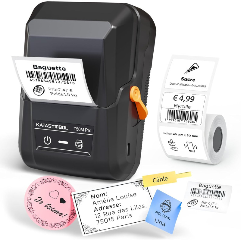 Supvan t50m pro étiqueteuse bleutooth avec ruban, noir | étiquettes larges imperméables, haute qualité, app avec 30 polices + 66