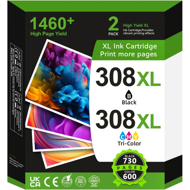 308 XL Cartouches d'impression, 308XL Cartouches Noire et Couleur Compatibles avec Originales HP 308 Cartouches d’Encre pour HP 