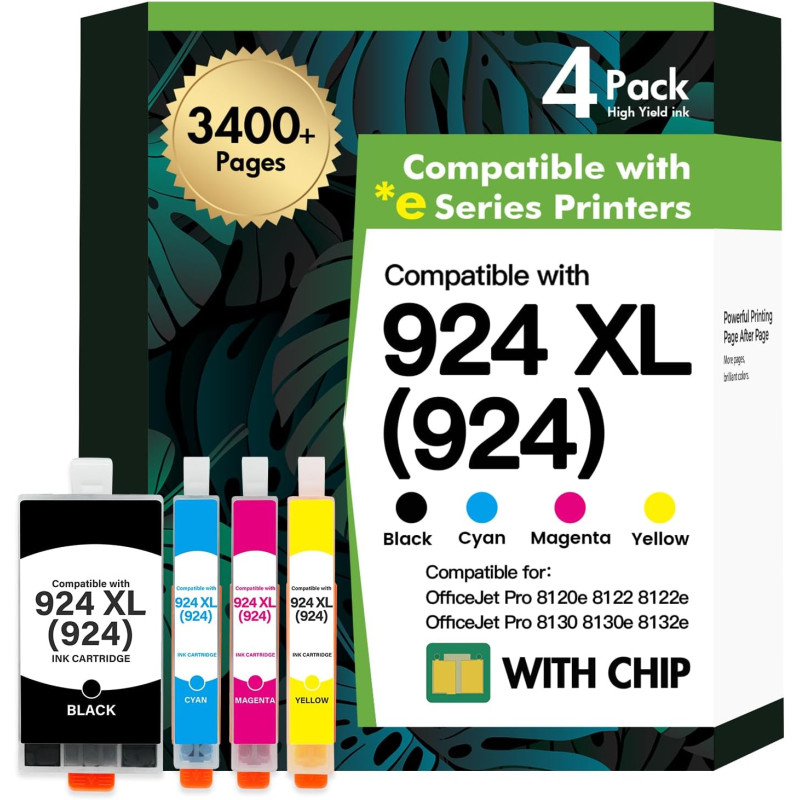 Cartouche 924 924XL 8132e 8122e pour HP 924 Pack de 4 Cartouches 924e | Compatible pour HP924 OfficeJet Pro 8122e 8132e 8120e 81