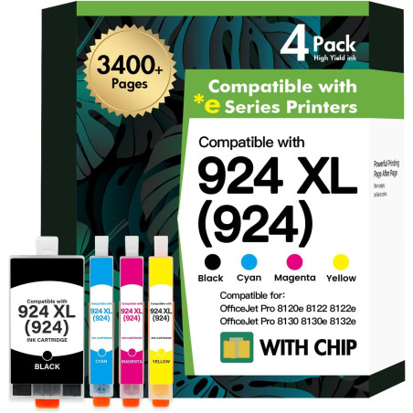 Cartouche 924 924XL 8132e 8122e pour HP 924 Pack de 4 Cartouches 924e | Compatible pour HP924 OfficeJet Pro 8122e 8132e 8120e 81
