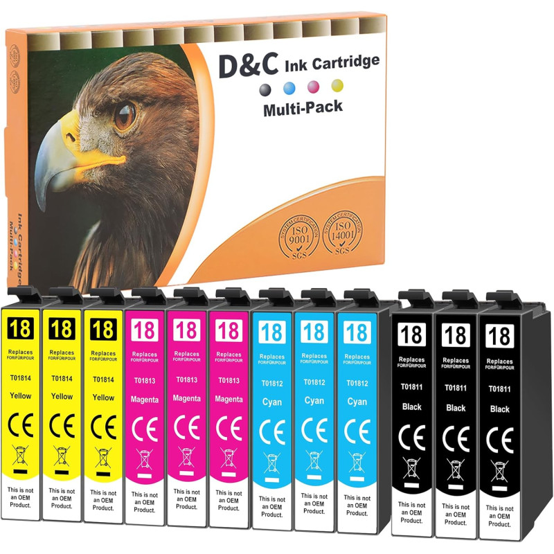 D&C 12 x Cartouches d'encre 18XL compatibles avec Epson 18 XL pour Epson Expression Home XP-322 XP-405 XP-312 XP-412 XP-305 XP-2