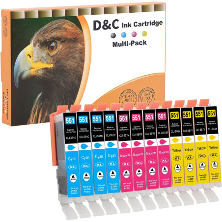 D&C 12x 551XL Cartouches d'encre Compatibles avec Canon CLI-551 XL Cartouches pour Canon Pixma IP8750 IP7250 MG5650 MG5550 MX725