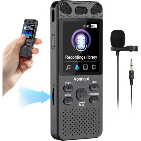 16GB Dictaphone 110H Enregistreur Vocal Numérique avec Micro Externe, 2,15" Écran Couleur Enregistreur Audio MP3 avec Activation
