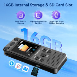 16GB Dictaphone 110H Enregistreur Vocal Numérique avec Micro Externe, 2,15" Écran Couleur Enregistreur Audio MP3 avec Activation