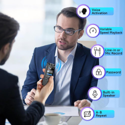 16GB Dictaphone 110H Enregistreur Vocal Numérique avec Micro Externe, 2,15" Écran Couleur Enregistreur Audio MP3 avec Activation