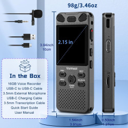16GB Dictaphone 110H Enregistreur Vocal Numérique avec Micro Externe, 2,15" Écran Couleur Enregistreur Audio MP3 avec Activation