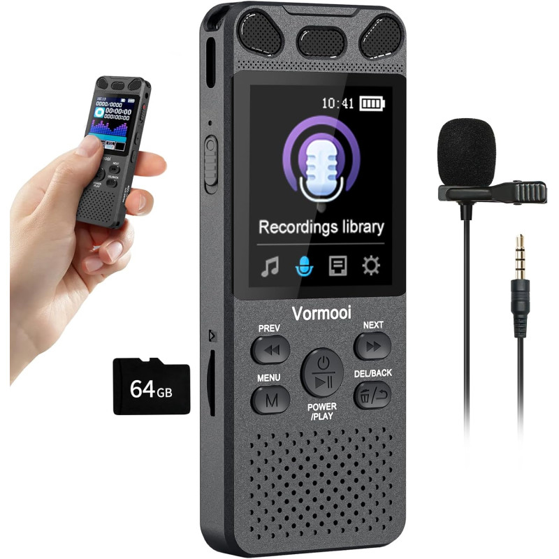 80GB Dictaphone 110H Enregistreur Vocal Numérique avec Micro Externe, 2,15" Écran Couleur Enregistreur Audio MP3 avec Activation