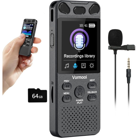 80GB Dictaphone 110H Enregistreur Vocal Numérique avec Micro Externe, 2,15" Écran Couleur Enregistreur Audio MP3 avec Activation