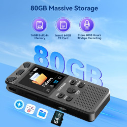 80GB Dictaphone 110H Enregistreur Vocal Numérique avec Micro Externe, 2,15" Écran Couleur Enregistreur Audio MP3 avec Activation
