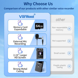 80GB Dictaphone 110H Enregistreur Vocal Numérique avec Micro Externe, 2,15" Écran Couleur Enregistreur Audio MP3 avec Activation