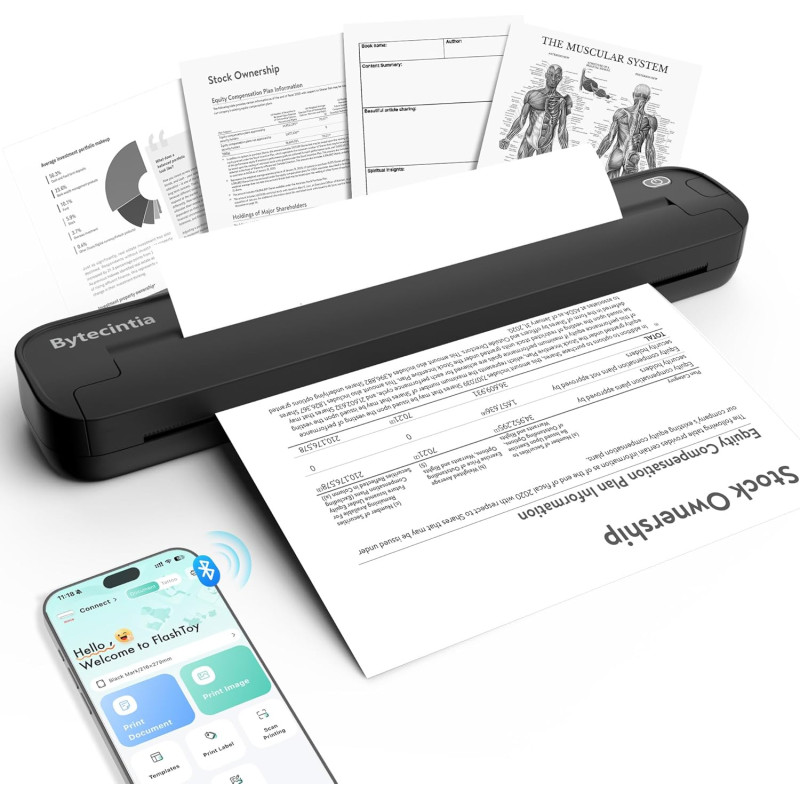 Imprimante thermique a4 sans encre, bleutooth sans fil compatible avec ios android mac windows, imprimante de voyage ultra-légèr