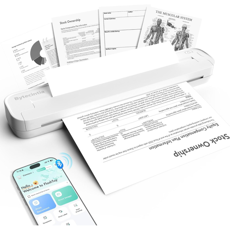 Imprimante thermique a4 sans encre, bleutooth sans fil compatible avec ios android mac windows, imprimante de voyage ultra-légèr
