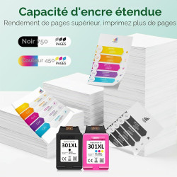 Encre 301XL BK/CMY - 750/450+ Pages, Remplacement pour Originale Cartouche HP 301 Noir et Couleur, pour HP DeskJet 2540 3050 205