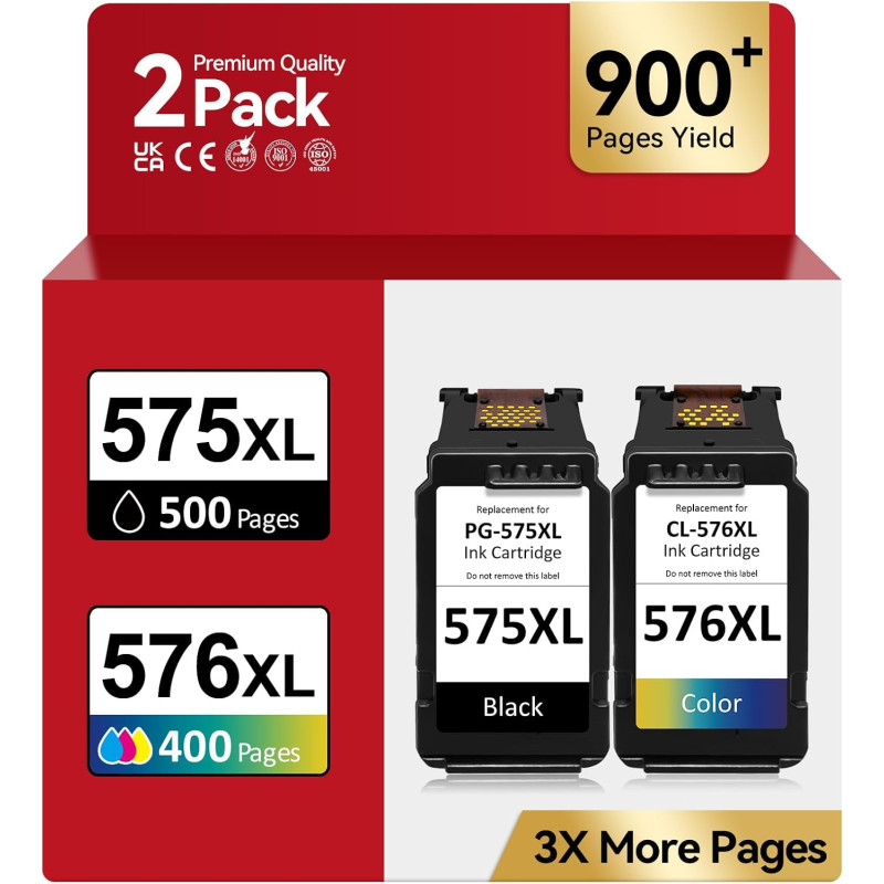 Encre PG-575/CL-576XL – 500/400+ Pages, Remplacement pour Originale Cartouche Canon 575 576 Noire & Couleur, pour Pixma TS3550i 
