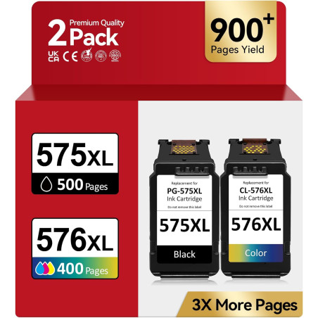 Encre PG-575/CL-576XL – 500/400+ Pages, Remplacement pour Originale Cartouche Canon 575 576 Noire & Couleur, pour Pixma TS3550i 