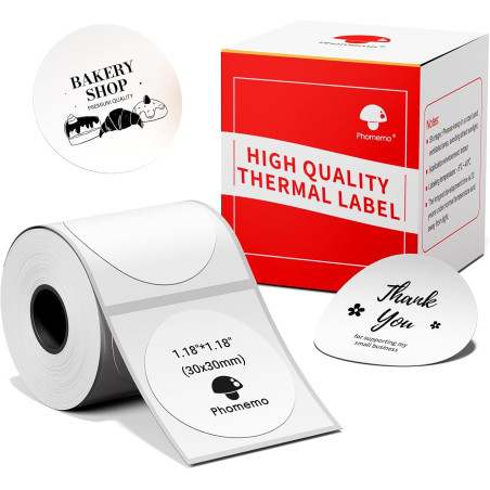 Phomemo Lot de 200 étiquettes thermiques rondes M110/M220-30 x 30 mm - Pour imprimante d'étiquettes Phomemo M200/M221/M220/M100/