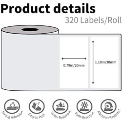 6 Rouleaux D'éTiquettes Phomemo M120/M110, 1.18 "X 0.78" (30 X 20 Mm) Papier D'éTiquettes Thermiques Pour Imprimantes D'éTiquett