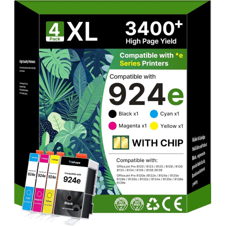 Cartouche 924 924e 924XL avec Puce Cartouches d'encre pour HP 924 Pack de 4 Cartouches pour HP924 924e Compatibles pour HP Offic