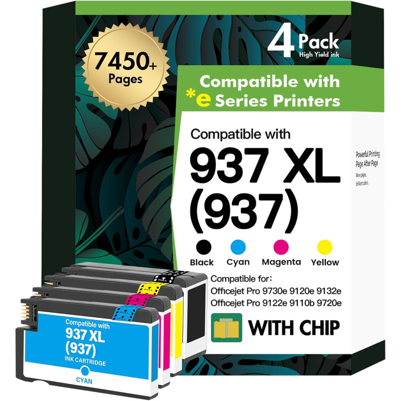Cartouche 937 937XL 9730e 9120e pour HP 937 Pack de 4 Cartouches 937e XL | Compatible pour HP OfficeJet Pro 9720e 9120e 9132e 91