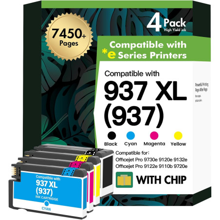 Cartouche 937 937XL 9730e 9120e pour HP 937 Pack de 4 Cartouches 937e XL | Compatible pour HP OfficeJet Pro 9720e 9120e 9132e 91