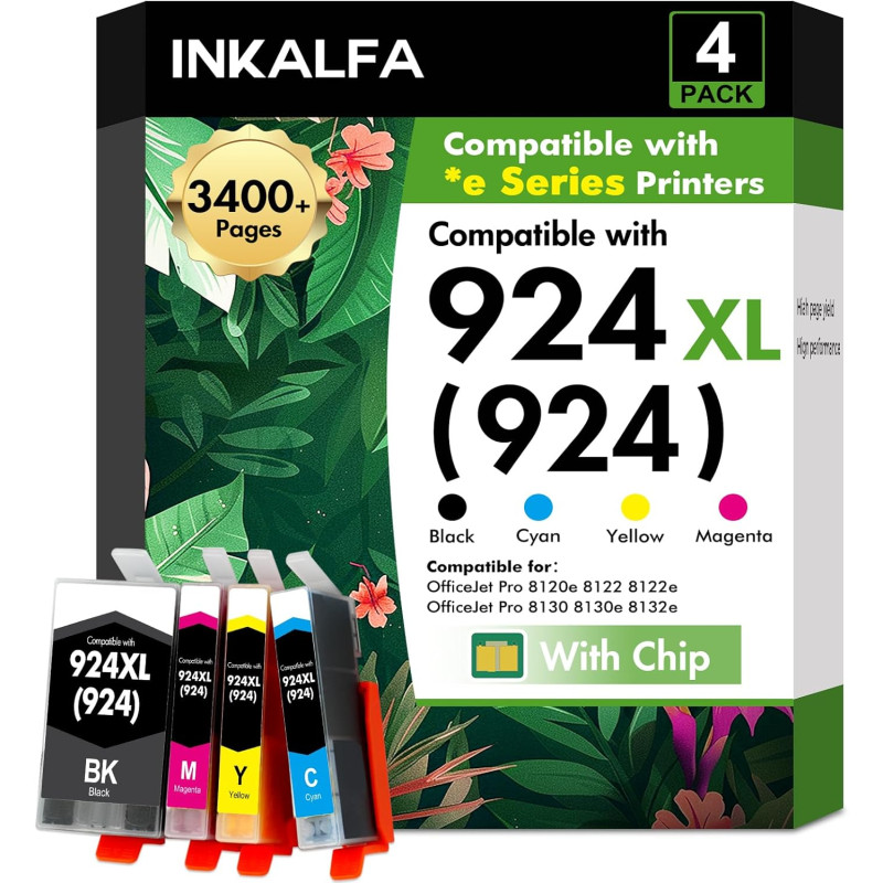 Cartouche Encre 924 XL 8132e 8122e pour HP 924 Pack de 4 Cartouches 924e | Compatible pour HP924 924XL 924e pour HP OfficeJet Pr