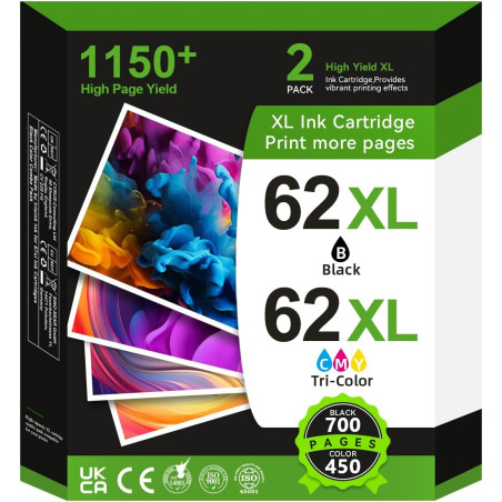 62 XL Cartouches d'impression Multipack,62XL Cartouches Noir et Couleur Compatible pour Original Cartouche HP 62 pour Envy 5541 