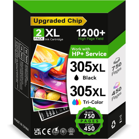 Encre 305XL BK/CMY - 750/450+ Pages, Remplacement pour Originale Cartouche HP 305 Noir et Couleur, pour HP DeskJet 2810e 2820e 2