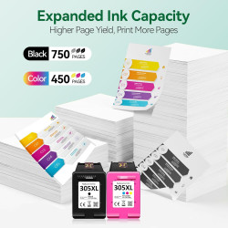 Encre 305XL BK/CMY - 750/450+ Pages, Remplacement pour Originale Cartouche HP 305 Noir et Couleur, pour HP DeskJet 2810e 2820e 2