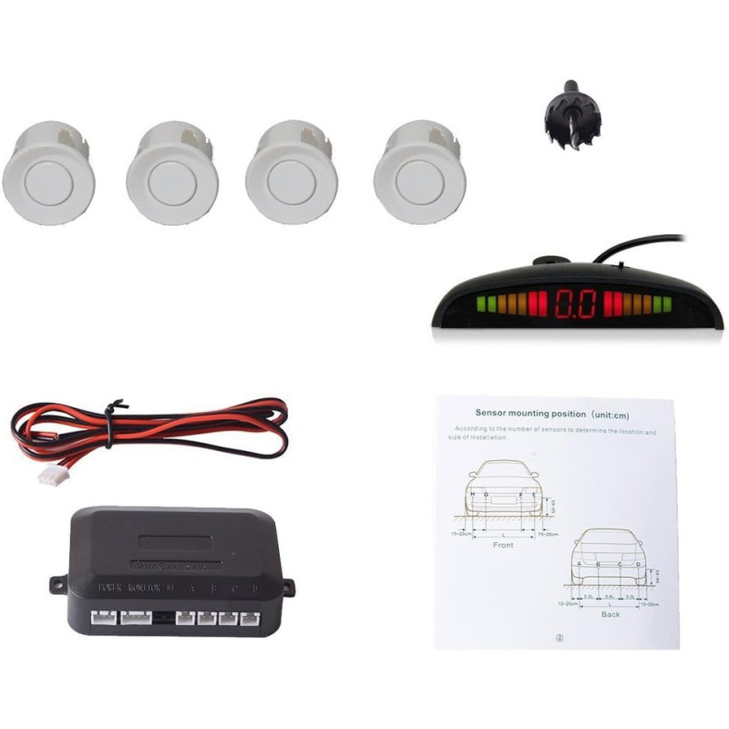 Cocar Blanc Voiture Radar de Recul LED Parking Beep & park Assist Système avec Distance Affichage Rétro Aide au Parcage + 4 Capt