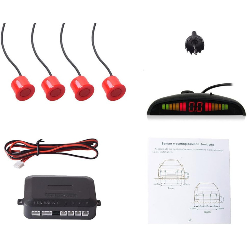 Cocar Rouge Voiture Radar de Recul LED Parking Beep & park Assist Système avec Distance Affichage Rétro Aide au Parcage + 4 Capt