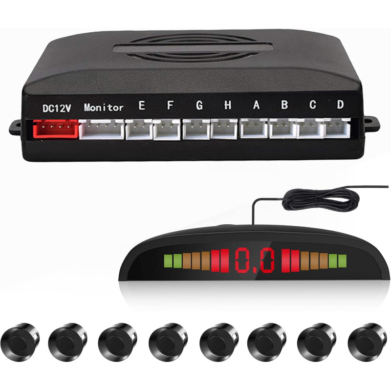 Voiture Système Radar de Recul, Cocar Buzzer Radar Parking Kit LED Écran avec Distance Affichage + 8 Capteurs + Avertissement so
