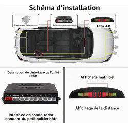 Voiture Système Radar de Recul, Cocar Buzzer Radar Parking Kit LED Écran avec Distance Affichage + 8 Capteurs + Avertissement so