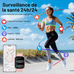 Montre connectée femme homme avec appel bleutooth, 1.91'' smartwatch avec 110+ sportifs podometre/cardiofrequencemetre/sommeil s